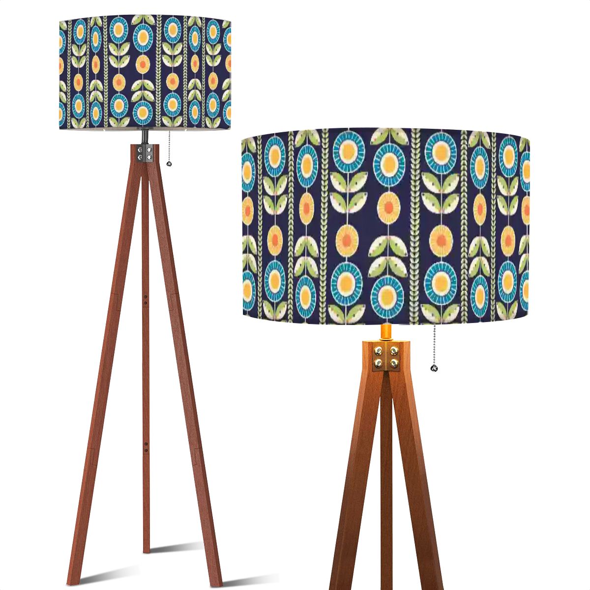 Modern Scandinavian Flower Blue, Orange Yellow Green Mid Century Modern Tripod Floor Lamp - Mid Century Modern Gal