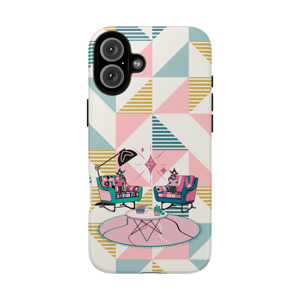 Atomic Cats Reading, Book Talk, Book Lover, Retro Chic Phone Case with Retro Vibe - Cozy Living Room Design - Mid Century Modern Gal