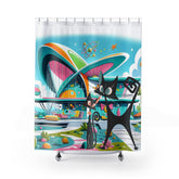 Atomic Cat Shower Curtain, Mid Century Modern Googie Designed, Pink, Aqua, Lime Green, Blue Kitschy Cute New Home Gifts - Mid Century Modern Gal