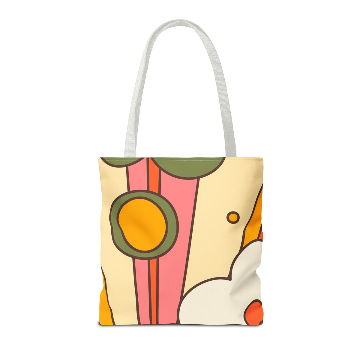 Retro-inspired tote bag featuring a playful pickleball design with groovy colors and mod patterns, perfect for enthusiasts.