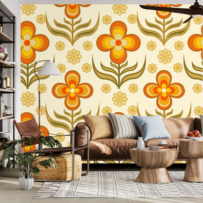 Flower Power, Scandinavian Floral Wallpaper, Peel And Stick Orange, Yellow Green Wall Mural