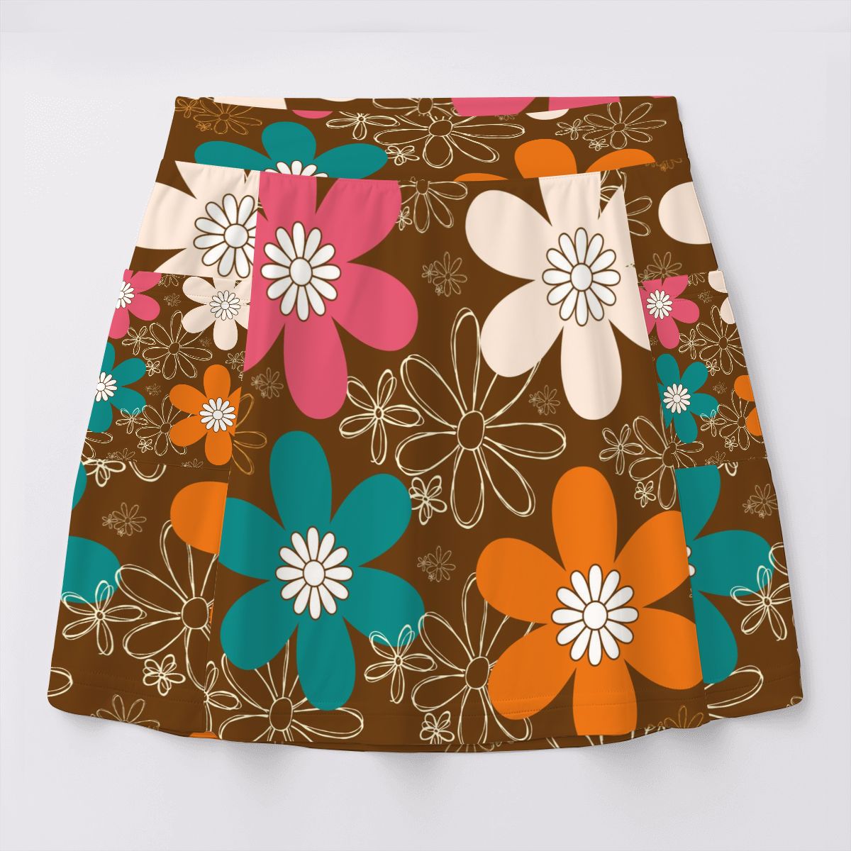 Retro Mod 70s Brown, Orange Teal, Pink Groovy Women's Tennis Skort with Pockets - Mid Century Modern Gal