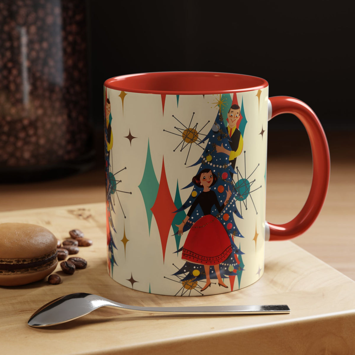 Mid Century Modern 50s Kitsch Christmas starburst coffee mug featuring retro holiday designs with vibrant colors.