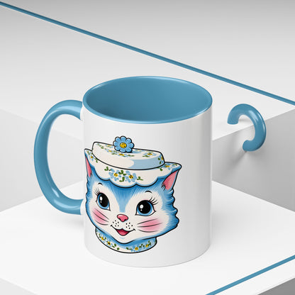 Mid Century Modern Kitschy Anthropomorphic Blue Cat with Floral Hat Accent Coffee Mug - Mid Century Modern Gal