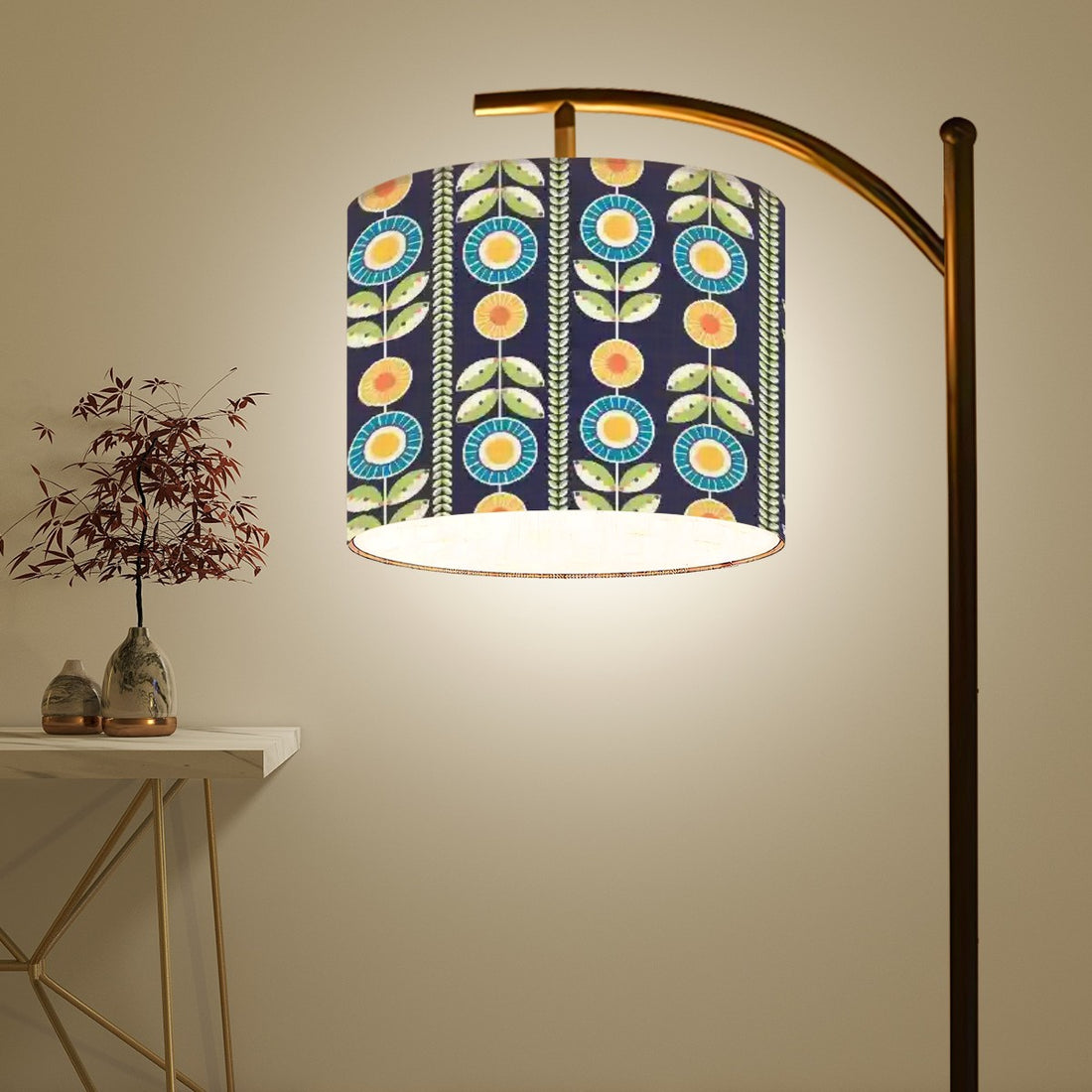 Modern Scandinavian Flower Blue, Orange Yellow Green Mid Century Modern Arc Floor Lamp - Mid Century Modern Gal