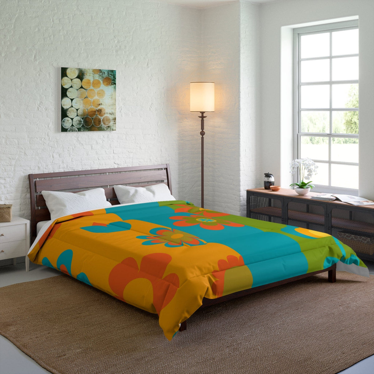 70's Groovy, Flower Power, Hippie, Yellow, Teal, Orange Retro, Bedding Home Decor 88" × 88"
