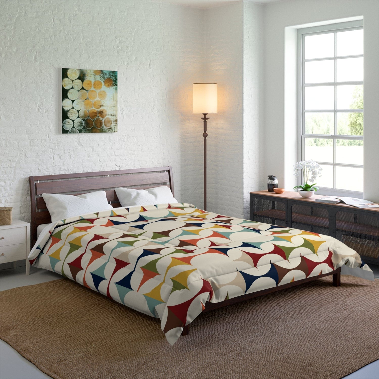 Mid Century Modern Comforter, Retro Scandinavian Modern Danish Geometric Design, Green, Brown, Beige, Yellow, Teal, MCM Home Decor Home Decor 88&quot; × 88&quot;