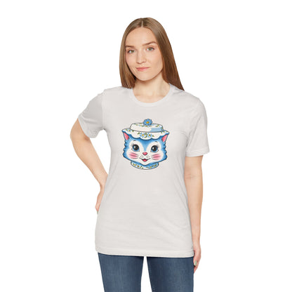 Mid Century Modern Kitschy Anthropomorphic Blue Cat with Floral Hat Unisex T-Shirt