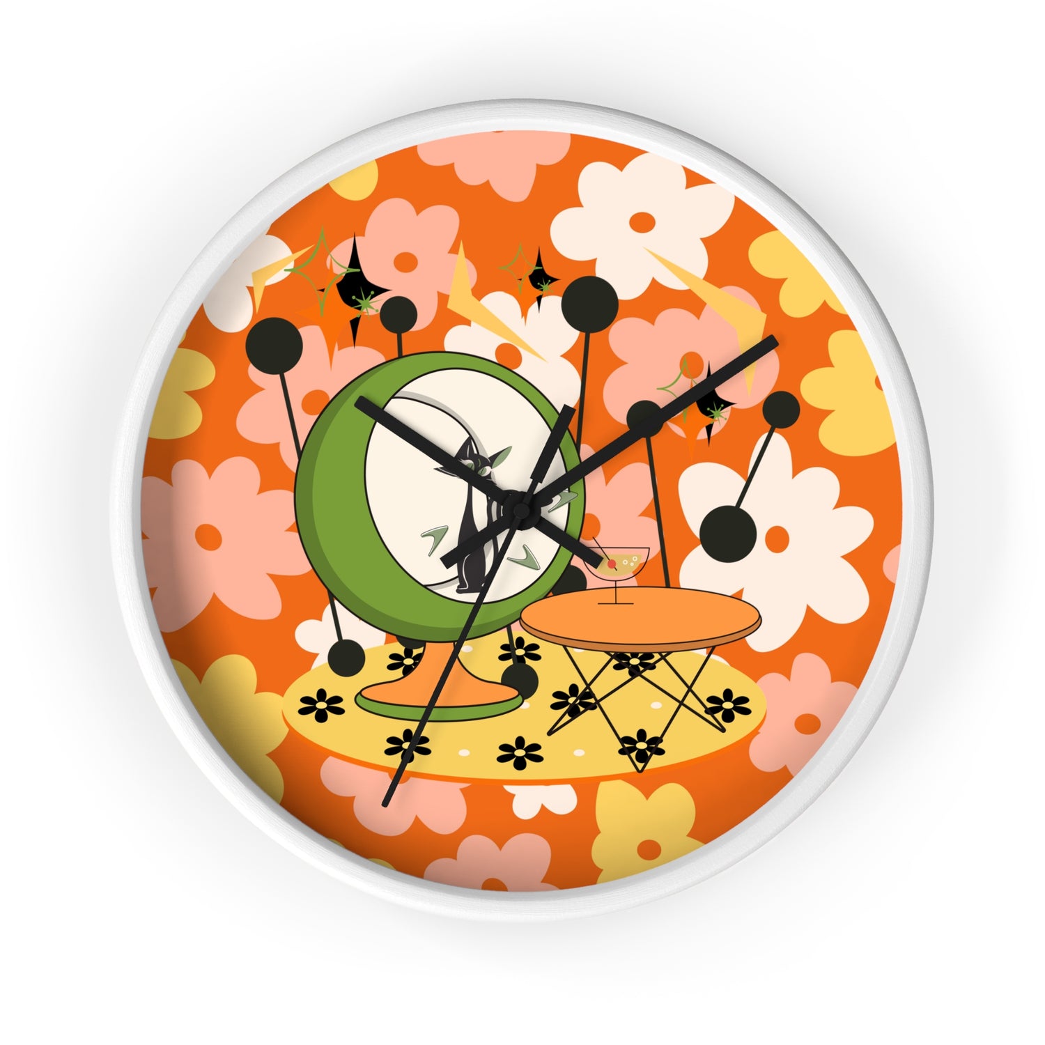 Atomic Cat Mid Century Modern Groovy Retro Floral Cat Wall Clock - Vintage Home Decor - Mid Century Modern Gal