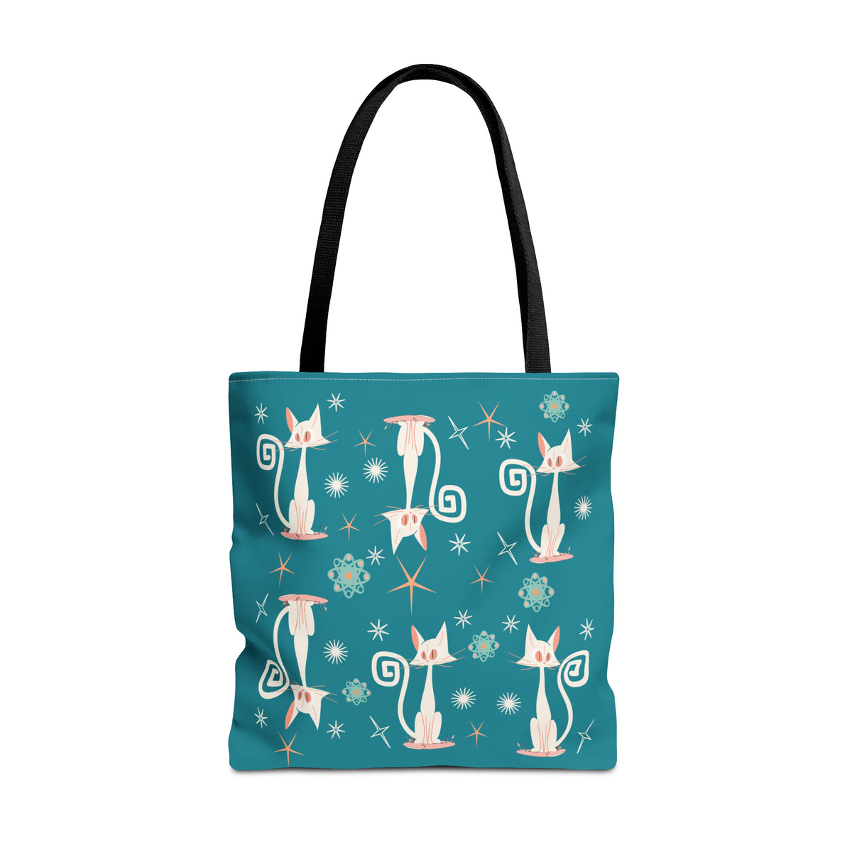 Atomic Kitties, White Kitschy Cats, Coral, Teal, Atomic Age Mid Century Modern Tote Bag - Mid Century Modern Gal