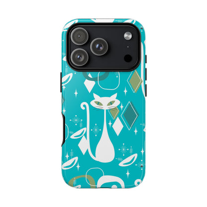 Atomic Cat Space Designs, Mid Century Modern, Aqua, White Kitschy Cat Tough Phone Case