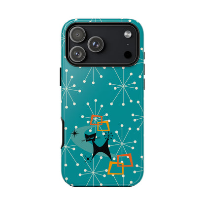 Atomic Space Cat, Starburst Blue, Retro Groovy Smart Phone Tough Phone Cases