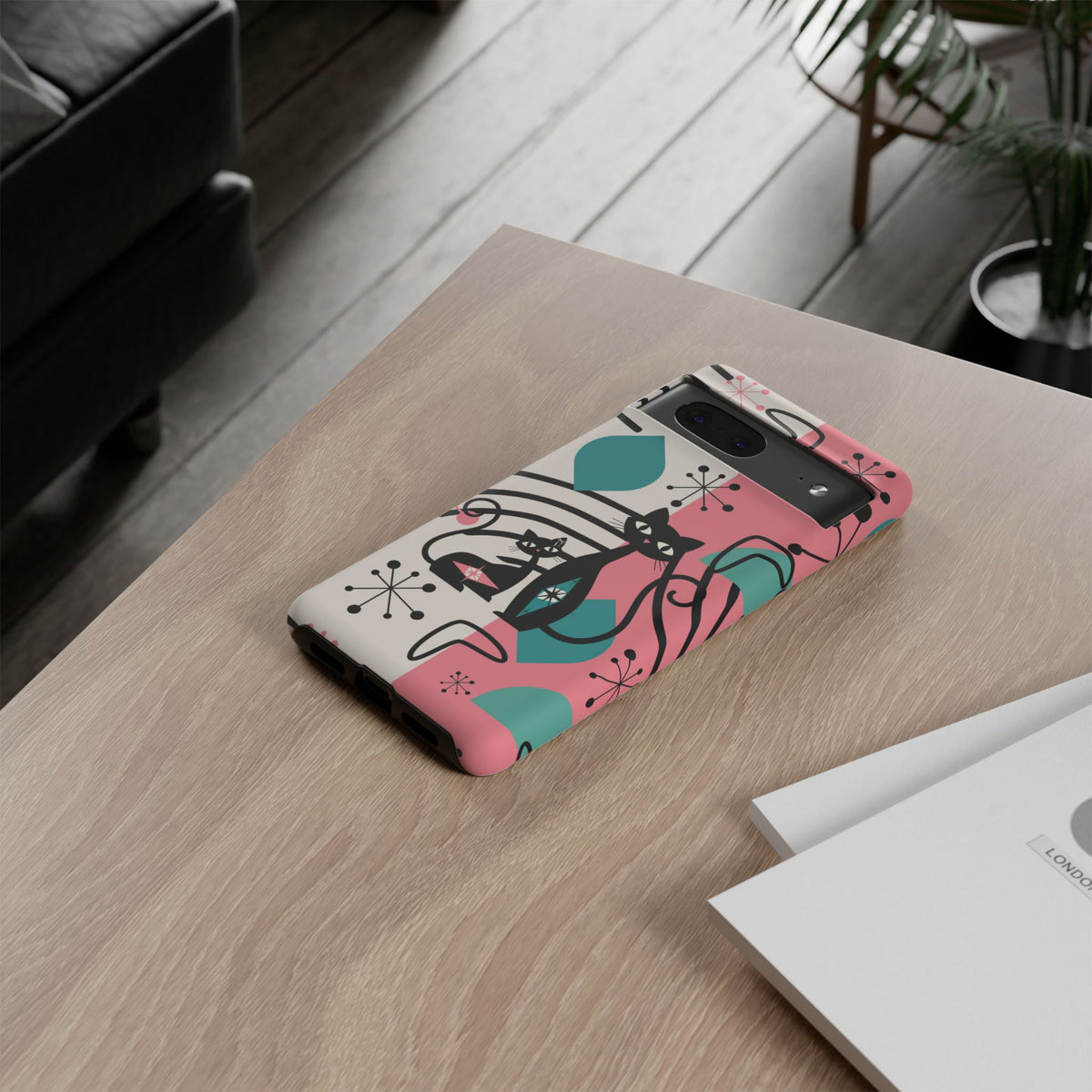 Mid Mod Atomic Cat Boomerang Starburst, Pink, Black Kitschy Stylish Cat Phone Case: Modern Design for Cat Lovers