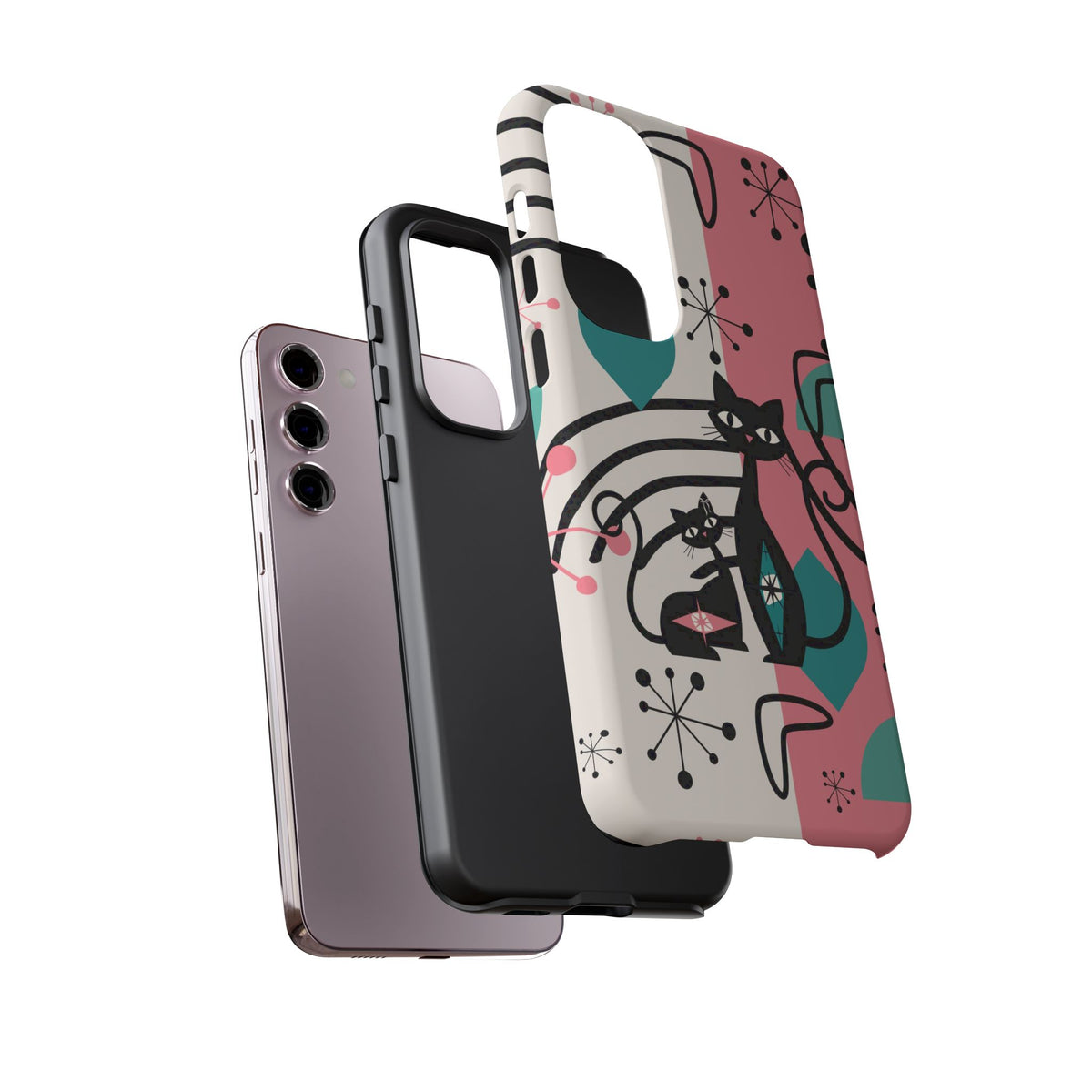 Mid Mod Atomic Cat Boomerang Starburst, Pink, Black Kitschy Stylish Cat Phone Case: Modern Design for Cat Lovers