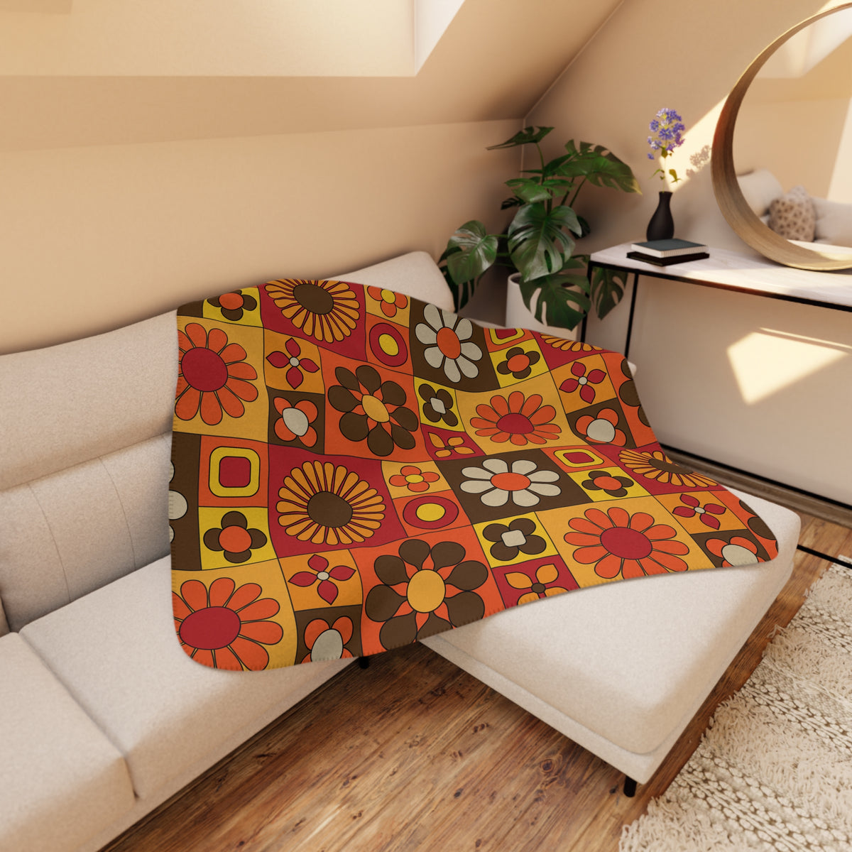 Retro Floral Boho Vibes, Orange, Yellow Brown Groovy Mod  Tan Sherpa Blanket - Cozy Throw for Home Decor & Gifting - Mid Century Modern Gal