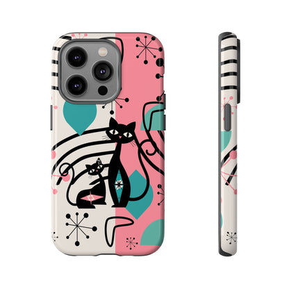 Mid Mod Atomic Cat Boomerang Starburst, Pink, Black Kitschy Stylish Cat Phone Case: Modern Design for Cat Lovers - Mid Century Modern Gal