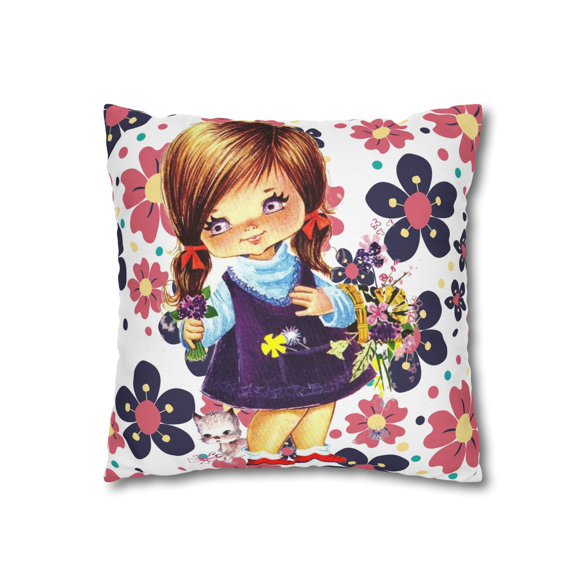 Vintage 60's Big Eyed Cute Girl, Violets, Flower Power, Groovy Hippie Vibes, Pillow COVER Only - Mid Century Modern Gal