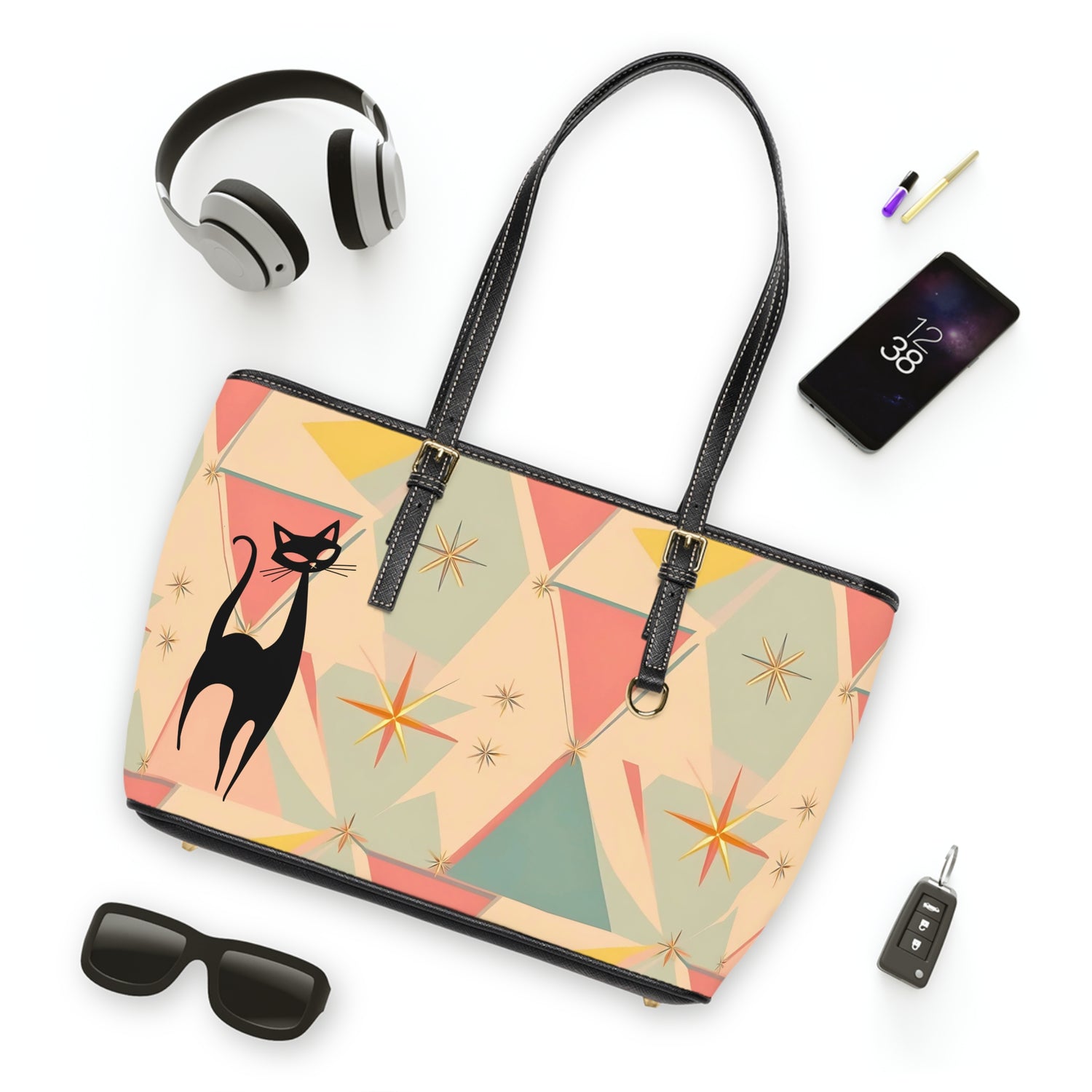 Atomic Cat Mid Century Modern Starburst Chic Cat Print Shoulder Bag - Stylish &amp; Playful Tote - Mid Century Modern Gal