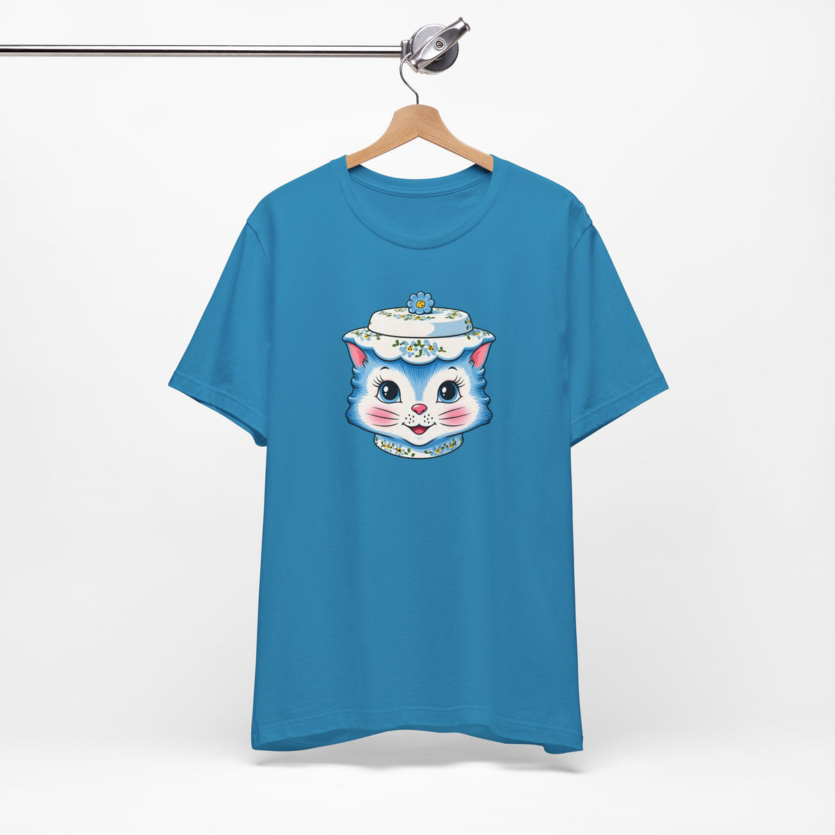 Mid Century Modern Kitschy Anthropomorphic Blue Cat with Floral Hat Unisex T-Shirt