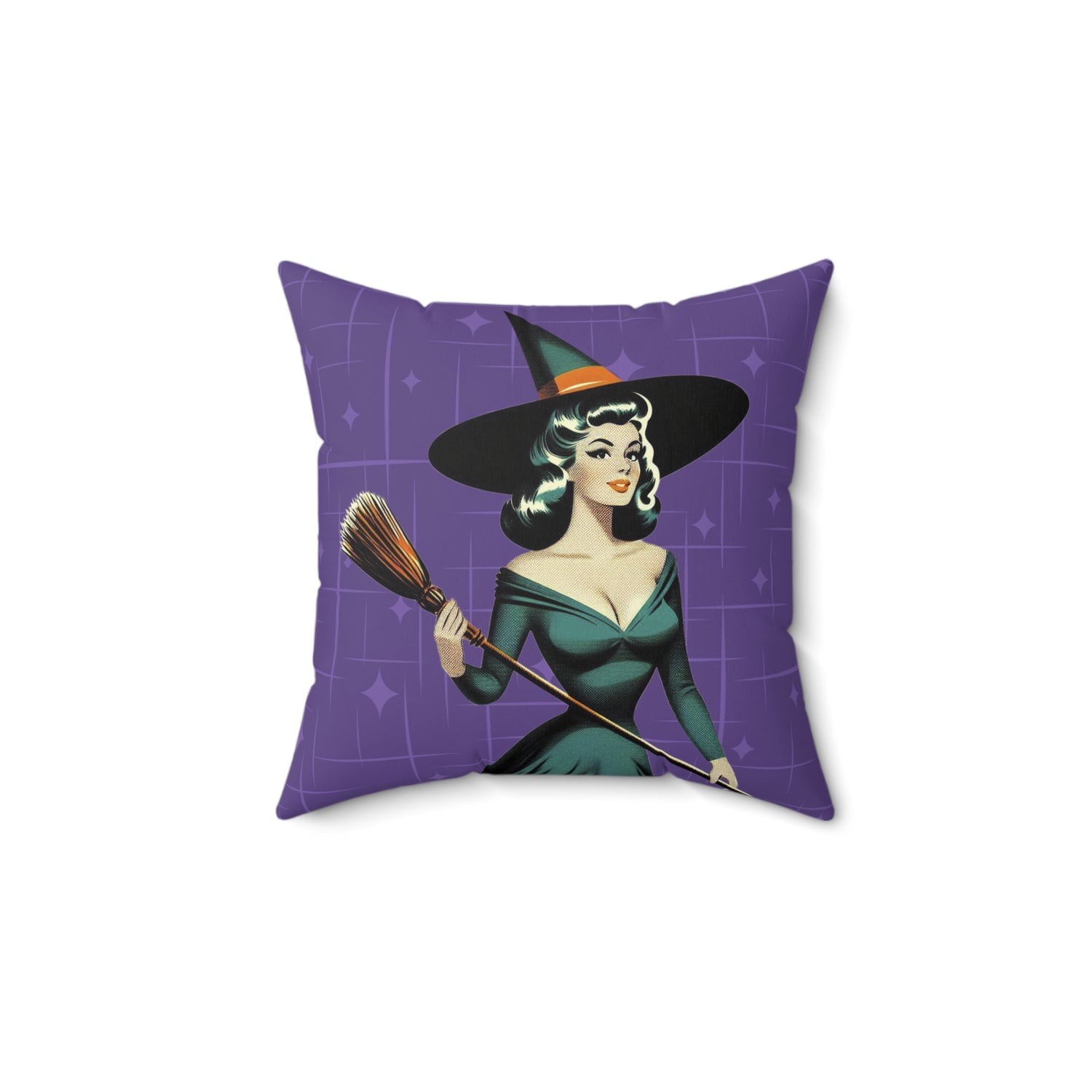 Mid Century Modern Vintage Pin Up Witch Halloween Purple Teal Halloween Pillow Cover and Insert - Mid Century Modern Gal