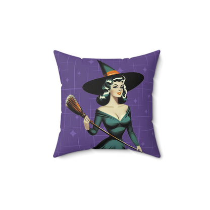 Mid Century Modern Vintage Pin Up Witch Halloween Purple Teal Halloween Pillow Cover and Insert - Mid Century Modern Gal