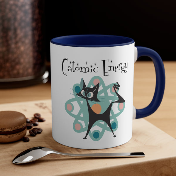 Atomic Cat Coffee Mug, Funny, Quirky Mid Century Modern Atom, Space Age Catomic Energy Coffee Lover Coffee Mug Gift