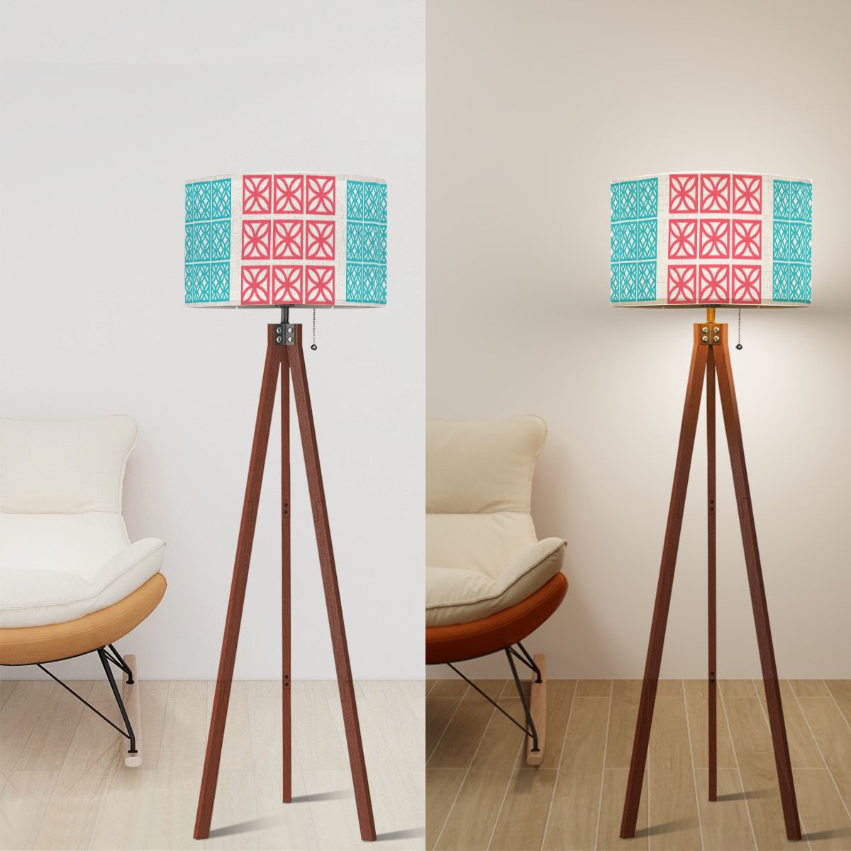 Mid Century Modern 1950s Breeze Block Designed Tripod Floor Lamp In Coral And Aqua - Mid Century Modern Gal