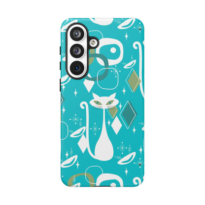 Atomic Cat Space Designs, Mid Century Modern, Aqua, White Kitschy Cat Tough Phone Case