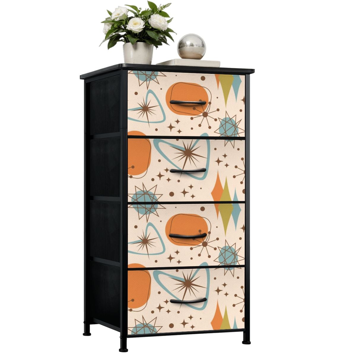 Mid Century Modern Atomic Boomerang, Starbursts Orange Blue Designed 4-Drawer Dresser - Mid Century Modern Gal