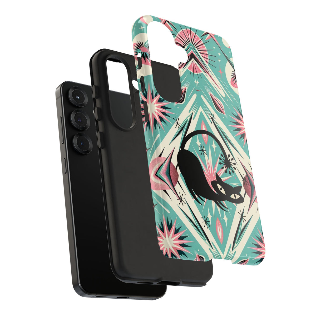 Atomic Cat, Mid Century Modern Aqua Blue, Pink, Starbursts Tough Phone Case