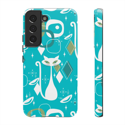 Atomic Cat Space Designs, Mid Century Modern, Aqua, White Kitschy Cat Tough Phone Case