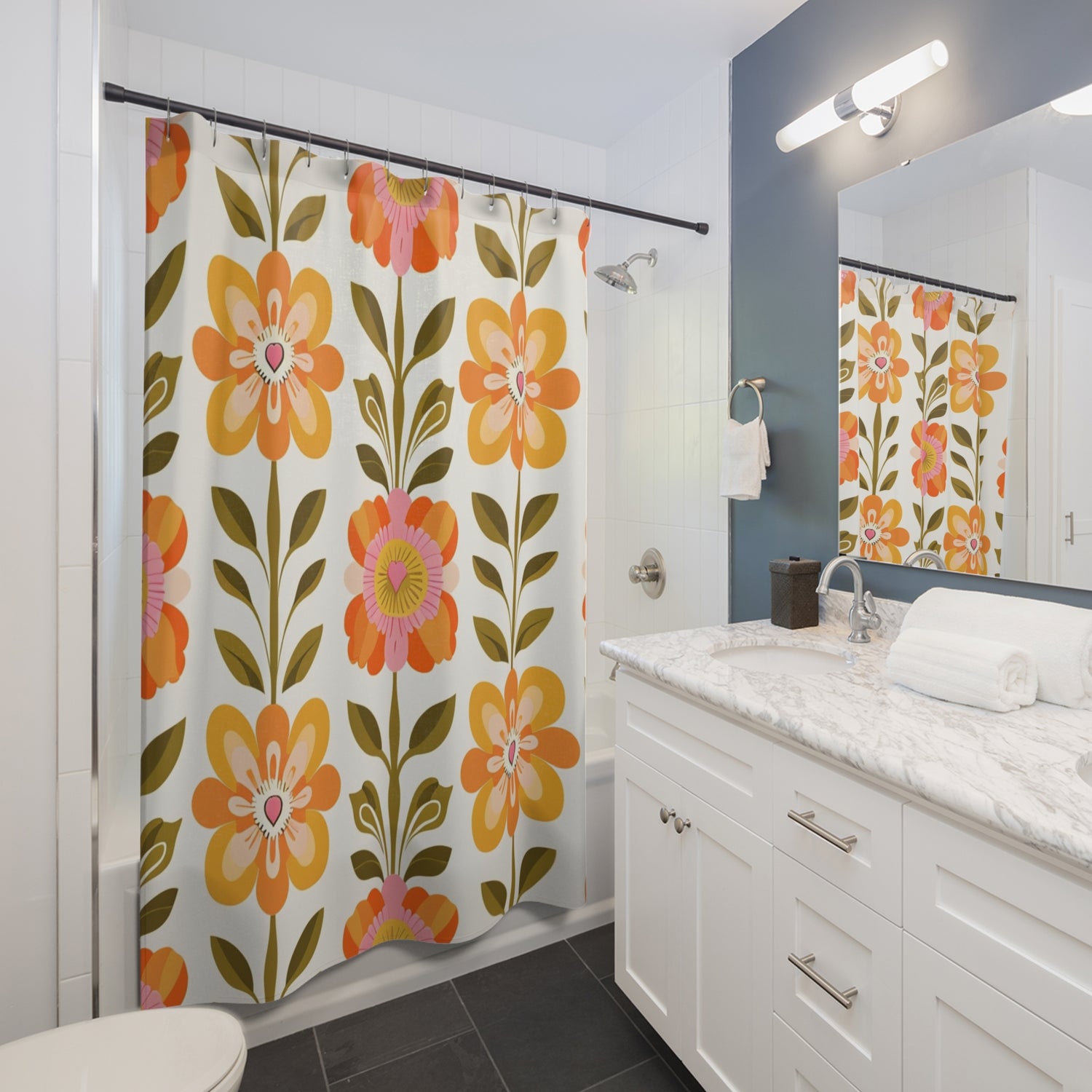 Scandinavian Floral Modern Danish Orange Yellow Green Boho Floral Shower Curtain - Mid Century Modern Gal