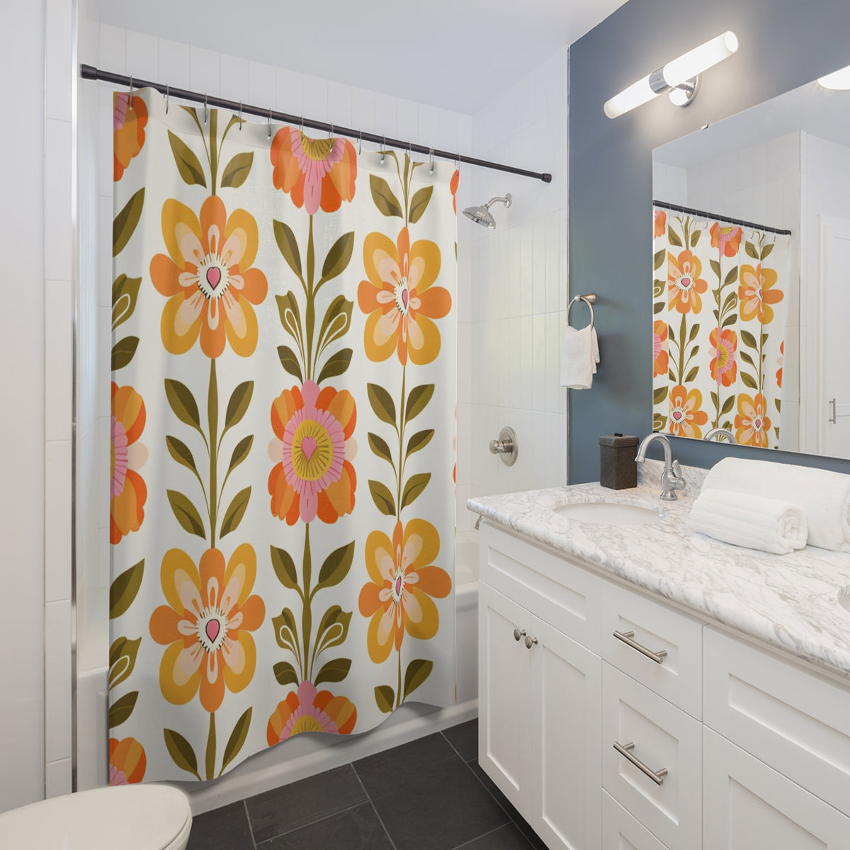 Scandinavian Floral Modern Danish Orange Yellow Green Boho Floral Shower Curtain - Mid Century Modern Gal