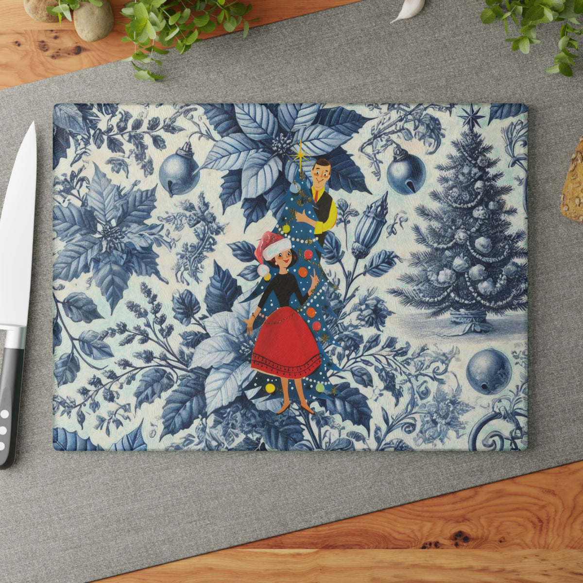 Christmas Toile, Blue White Kitschy Mod 50s Style Holiday Cheese Glass Cutting Board - Mid Century Modern Gal