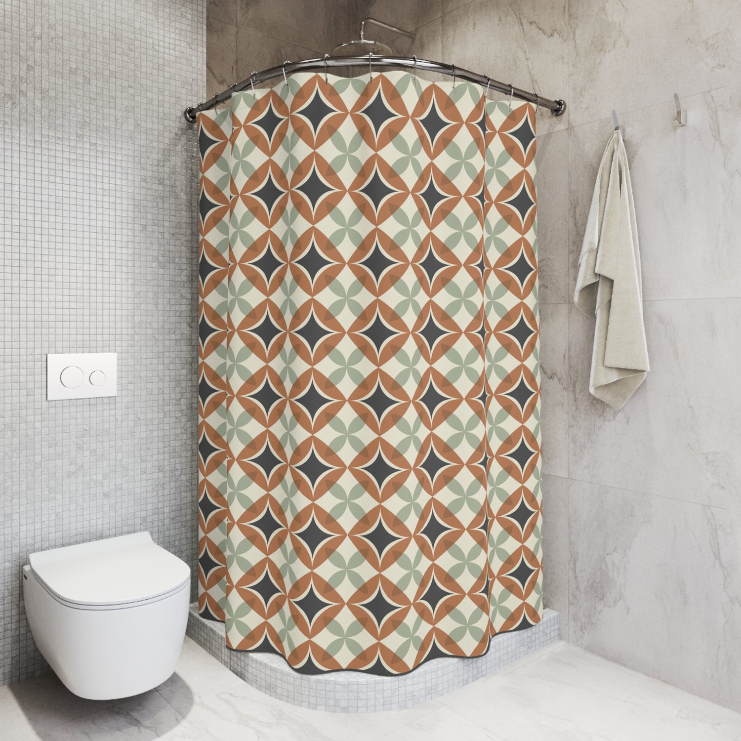 Mid Century Modern Interlocking Geometric, Terracotta Sage Charcoal Shower Curtain - Mid Century Modern Gal