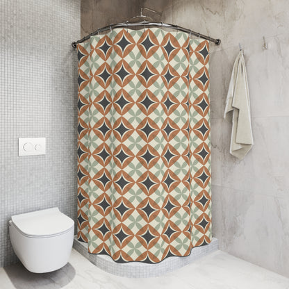 Mid Century Modern Interlocking Geometric, Terracotta Sage Charcoal Shower Curtain - Mid Century Modern Gal
