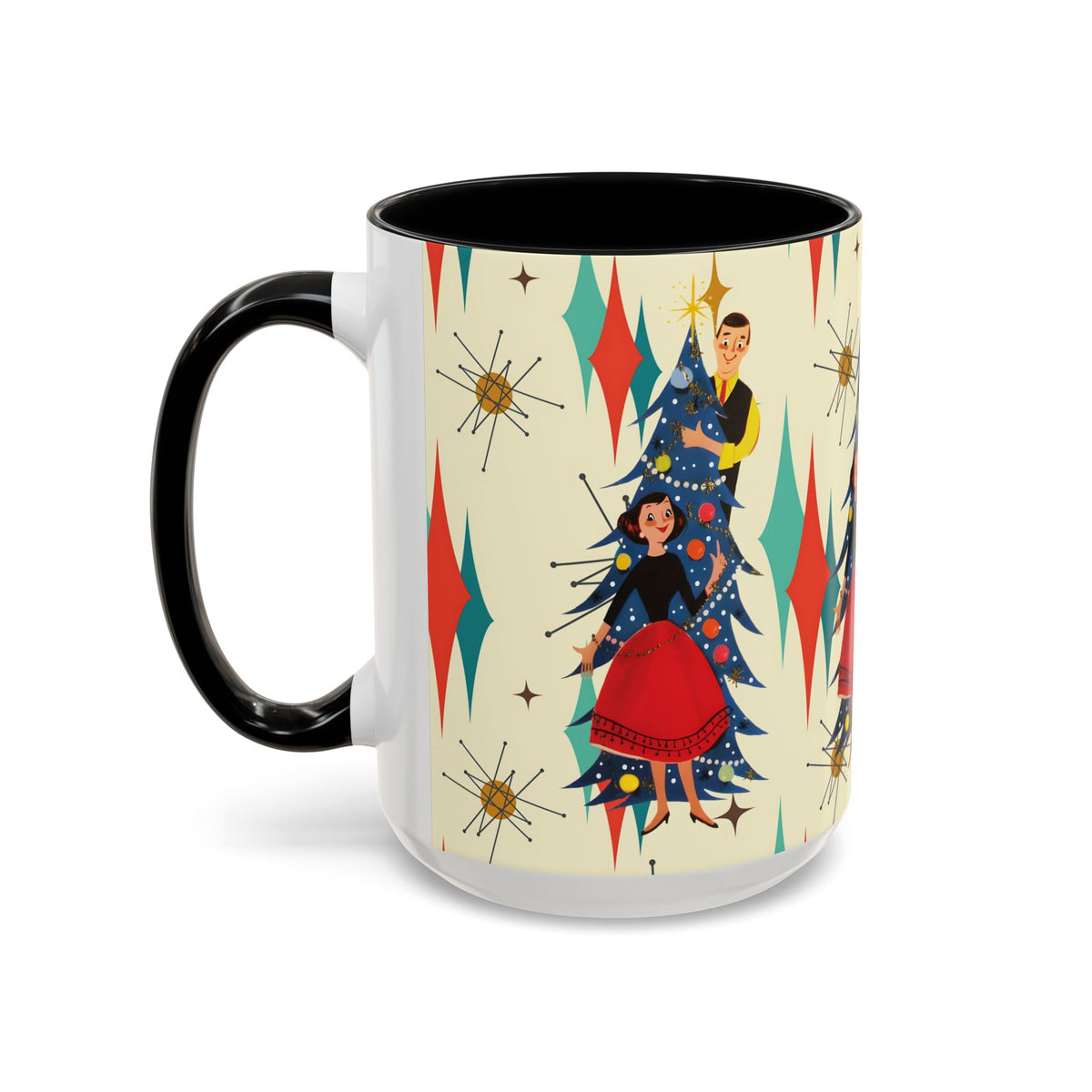 Mid Century Modern 50s Kitsch Christmas starburst coffee mug featuring festive characters and retro holiday design.
