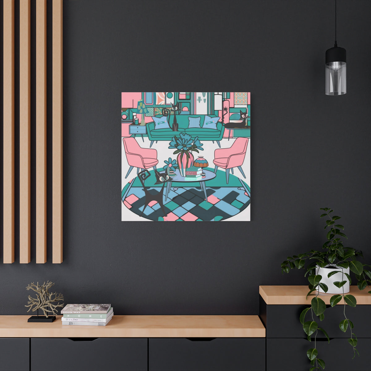 Atomic Cat Mid Century Modern Wall Art Colorful Cat-Themed Canvas Art - Mid Century Modern Gal
