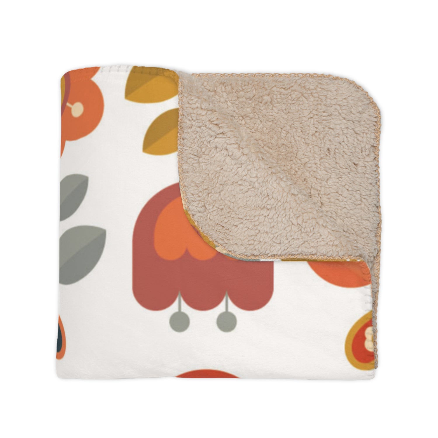 Retro Scandinavian Modern Danish Cozy Floral Tan Sherpa Blanket - Soft Throw Blanket for Home Decor &amp; Gifts - Mid Century Modern Gal