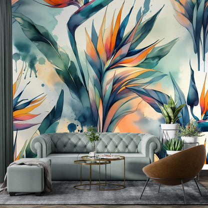 Birds Of Paradise Tropical Polynesian Watercolor Wall Murals - Mid Century Modern Gal