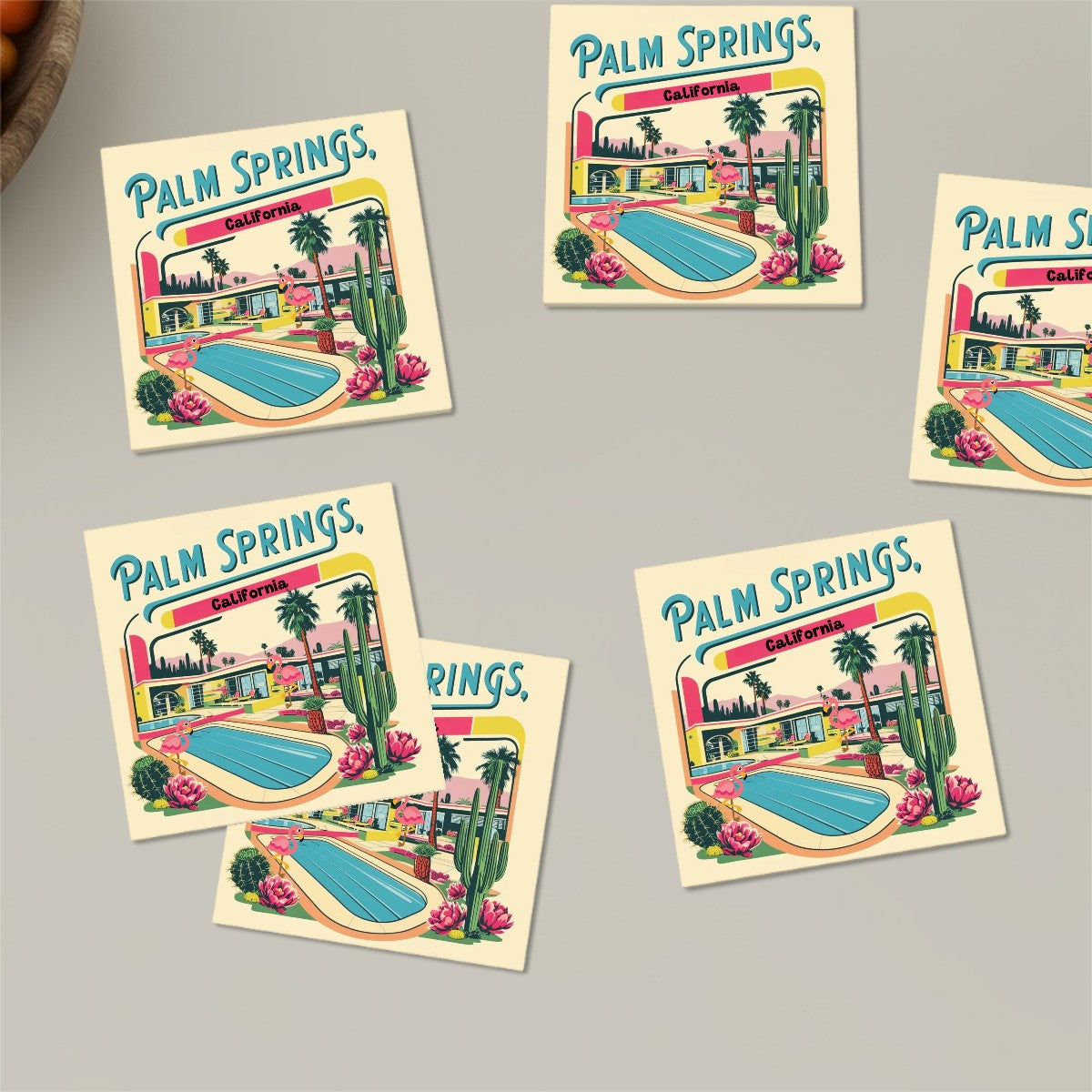 Palm Springs California Hotel, Flamingo Kitschy Mod 50s Designed Square Ceramic Coasters Set of 6 - Mid Century Modern Gal