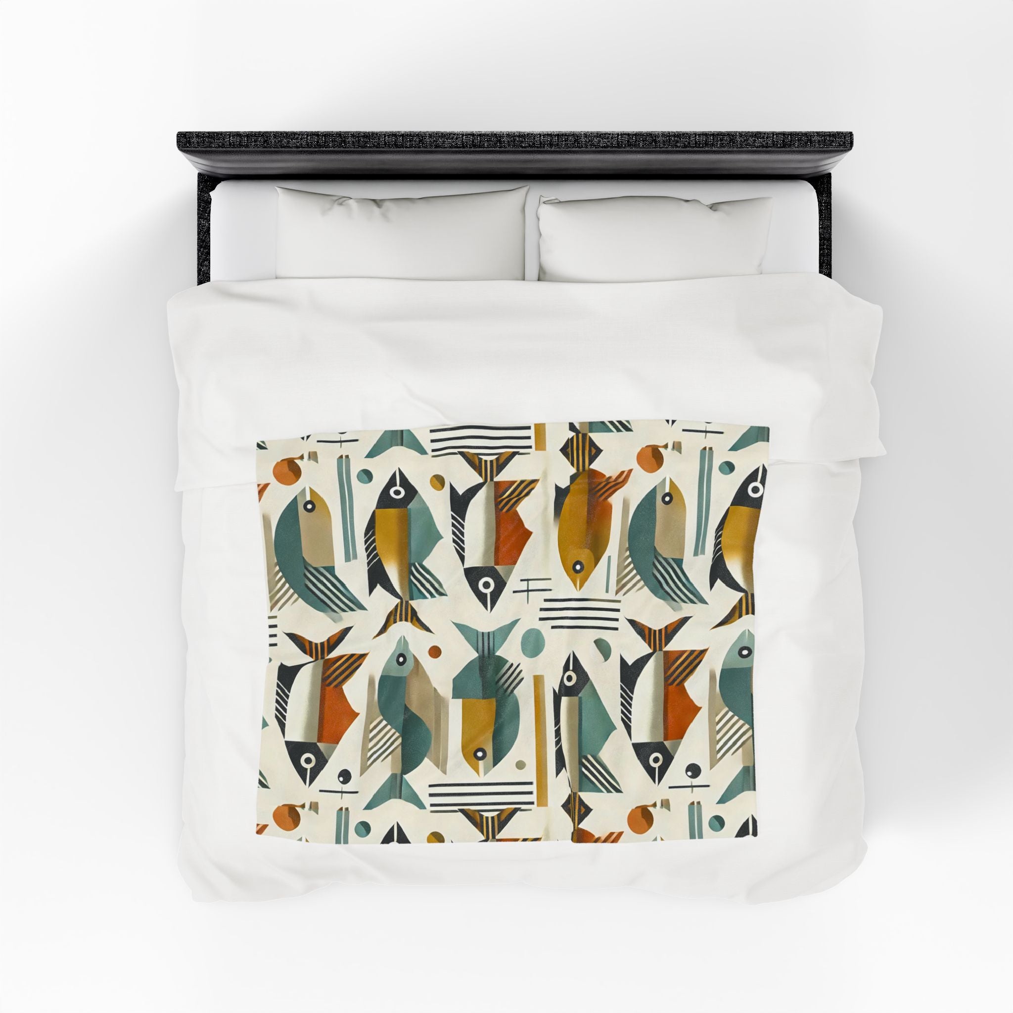 Mid Century Modern Bauhaus Colorful Fish Pattern Plush Blanket for Cozy Living Spaces - Mid Century Modern Gal
