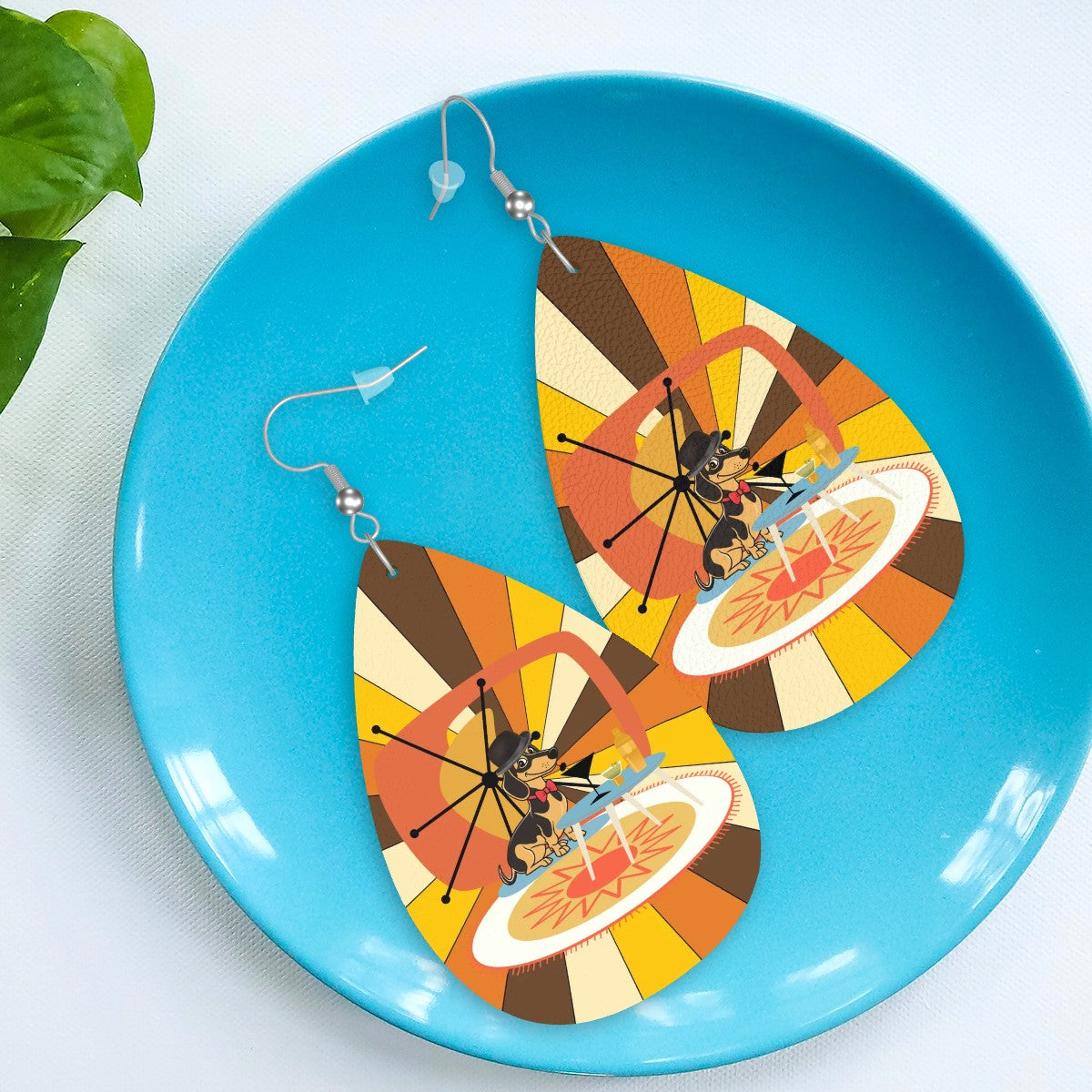 Doxie Mom Weiner Dog Retro 70s Designed Faux Leather Teardrop Earrings - Mid Century Modern Gal