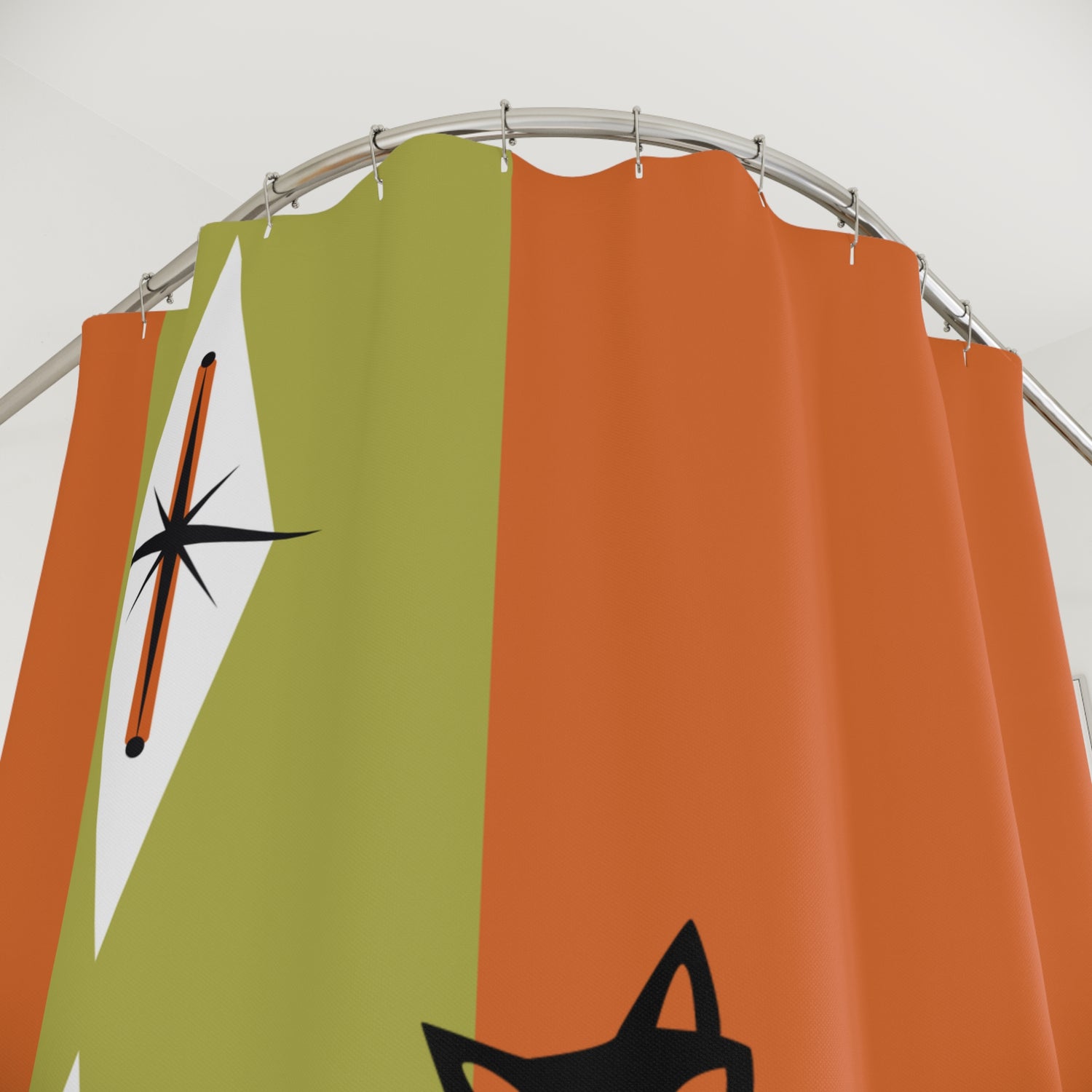 Atomic Cat Shower Curtain, Orange, Green Starburst Shower Curtain – Vintage Mid-Century Design for Cat Lovers - Mid Century Modern Gal
