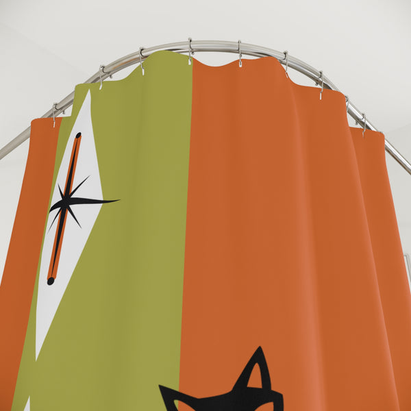 Atomic Cat Shower Curtain, Orange, Green Starburst Shower Curtain – Vintage Mid-Century Design for Cat Lovers