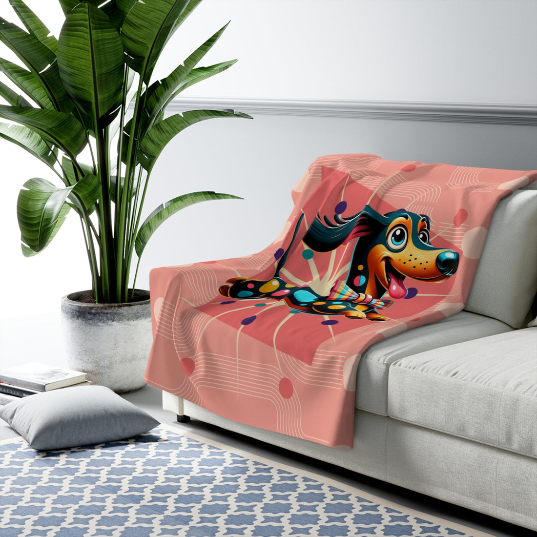 Doxie Dog Blanket, Weiner Dog Lover, Mid Century Modern Coral Pink, Whimsical Mid Century Mod  Dachshund Dog Lover Sherpa Fleece Blanket