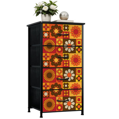 Retro 70s Mod Floral Orange Brown Yellow Mid Mod Hip 4-Drawer Dresser - Mid Century Modern Gal