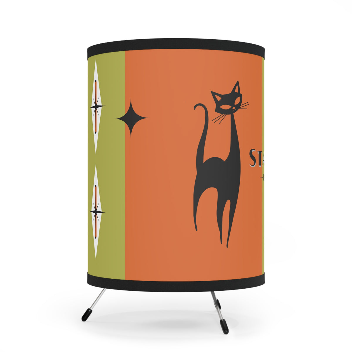 Mid-Century Modern Tripod Lamp For Home Bar, Orange Green Starburst with Cat Design - Starlite Lounge - Mid Century Modern Gal