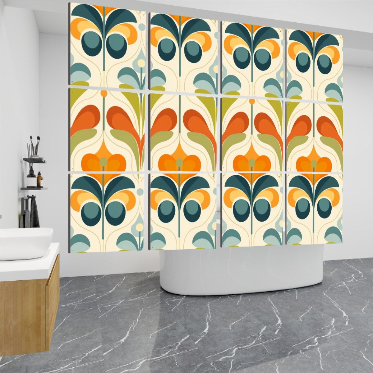 Retro Scandinavian Floral Design, Orange Blue, Green Mid Century Modern Hanging Room Divider 12 pcs - Mid Century Modern Gal