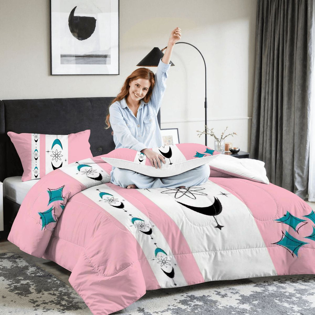 Atomic 50s Pink, Teal Mid Century Modern Bedding King Comforter Set - Mid Century Modern Gal